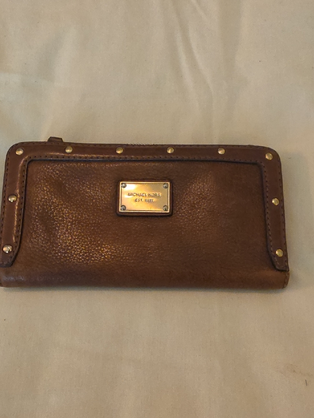 Michael Kors Brown Leather Studded Zip-Around Wallet with Gold Plaque